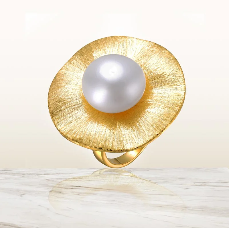 Delphine Pearl Brushed Golden Floral Ring