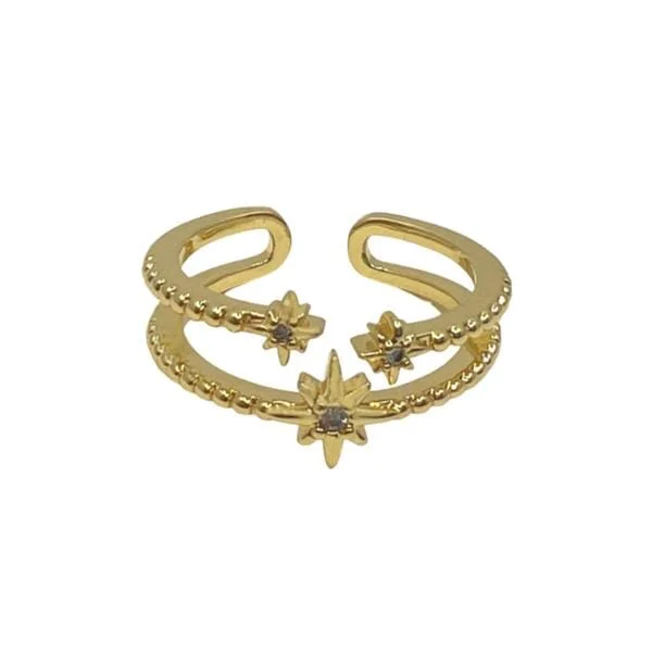 Adjustable Ring: Double CZ Band With Stars: 18kt Gold Fill (RG2/45STR)