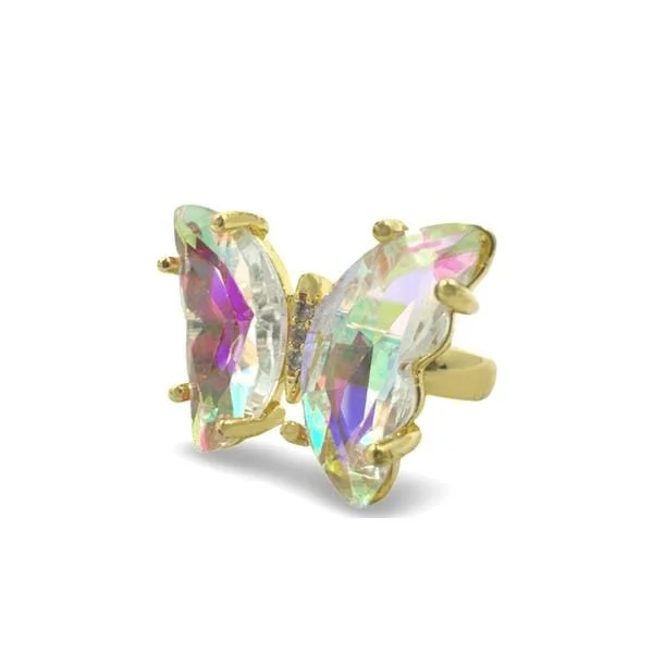 Adjustable Glass Butterfly Ring: Clear AB (RG5BFLYCAB)