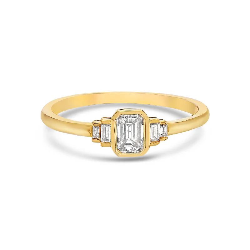 Emerald Cut Diamond & Baguette Ring (0.44 ct.) Bezel Set in 14K Gold