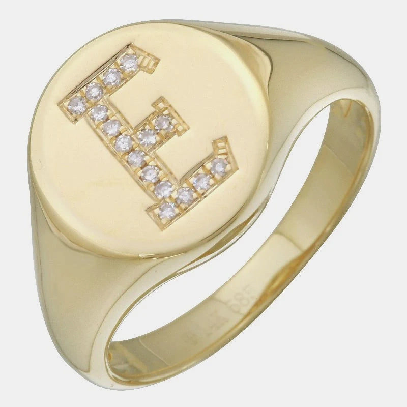 Round Diamond Initial Signet Ring