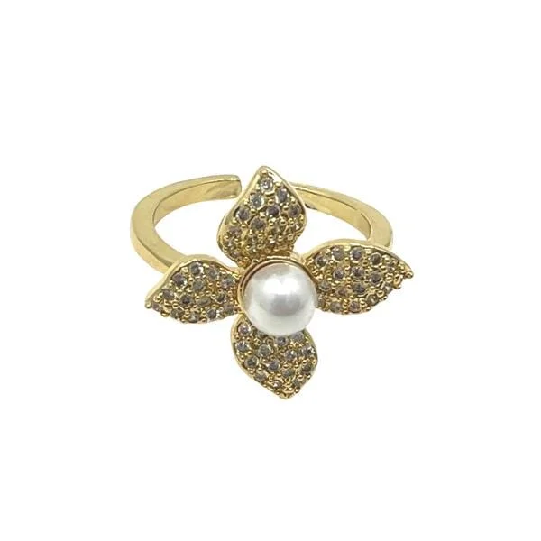 Adjustable Ring: CZ Flower & Pearl (RG453)